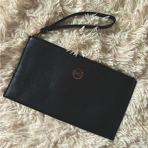 Michael Kors Black Pebbled Leather Zip Clutch/Wristlet with Gold Hardware